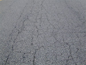 Photo showing a pattern of primarily light alligator cracking where                 some cracks are lightly spalled. A few medium severity alligator cracks are visible in the pattern, but all all pieces are securely held in place.